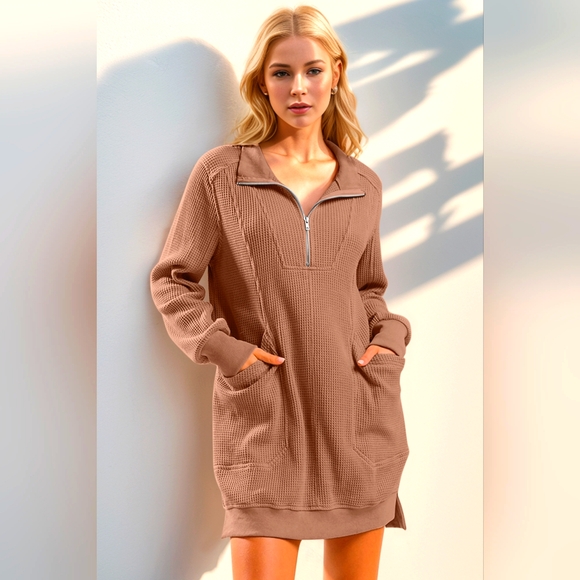 Double Take Waffle Long Sleeve Mini Dress with Pockets - Picture 1 of 4